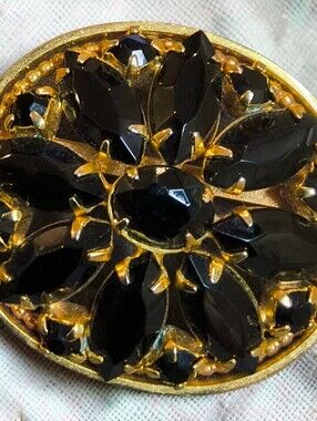 Vintage Jet Black Glass Navette Floral Brooch